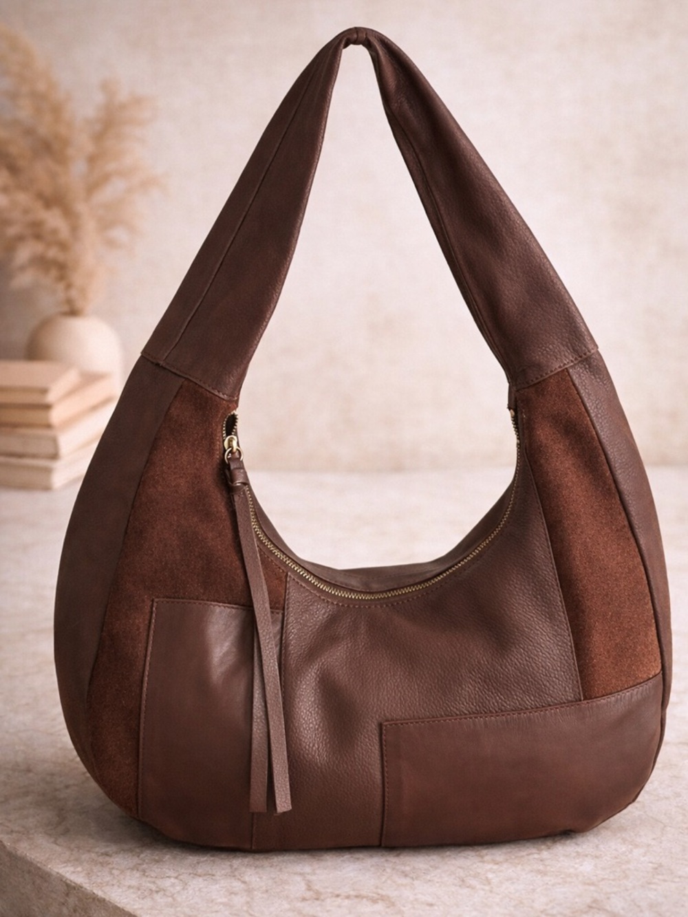 Crown Vintage Chocolate Brown Leather & Suede Hobo Bag